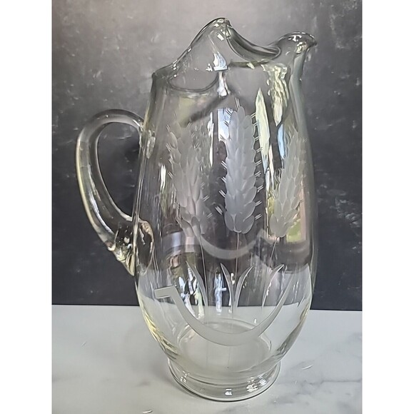 Etched Glass Wheat Pattern Pitcher With Handle - Picture 2 of 10